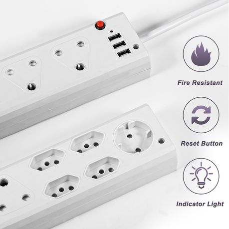 AUSMA P-09 USB 8 Way Multi-Plug Adapter - Fire Resistant Extension Cord Power Strip with USB Ports