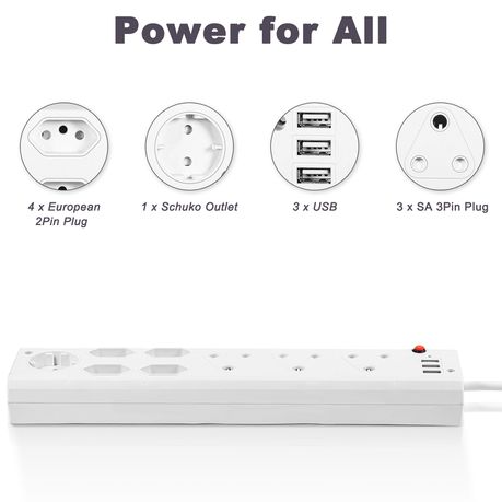 AUSMA P-09 USB 8 Way Multi-Plug Adapter - Fire Resistant Extension Cord Power Strip with USB Ports