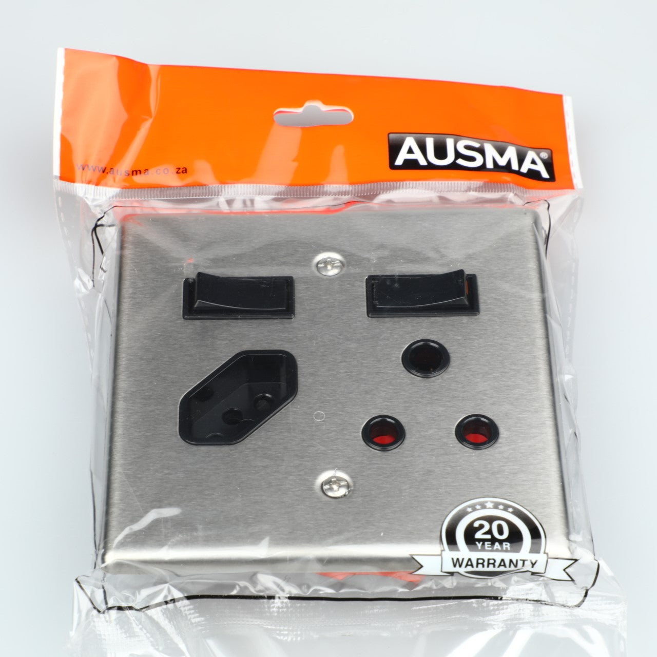 AUSMA A-MD02-3(S)-S Socket Cover – Stylish Dual Socket 16A with New 16A, Silver Steel Cover, Glossy Finish, 4X4, Two Switches