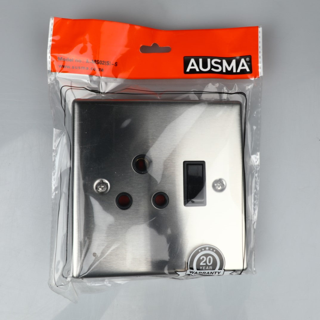 AUSMA A-MS02(S)-S Socket Cover – Stylish one Socket 16A , Silver Steel Cover, Glossy Finish, 4X4, one Switches