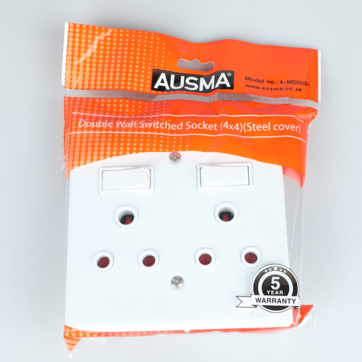 AUSMA Socket Cover – Stylish Dual Socket 16A with New 16A, White Cover, Glossy Finish, 4X4, Two Switches  A-MD02(S)