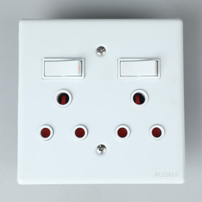 AUSMA Socket Cover – Stylish Dual Socket 16A with New 16A, White Cover, Glossy Finish, 4X4, Two Switches  A-MD02(S)