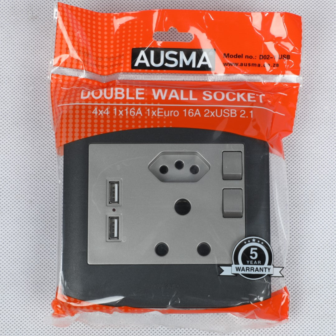 AUSMA D02-1 USB-SG Single Wall Socket – Stylish Simplicity, Safety, and Convenience in Silver Grey With a Single Wall Socket 16A, Euro16A, and 2xUSB ports