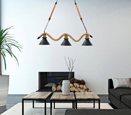 M45-3-  Matte Black Cone Island Lighting Industrial Metal Cafe Bar Hanging Light with Twisted Rope