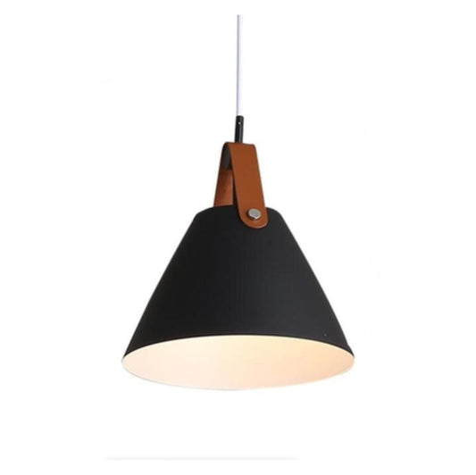 Iron Cone Metal Pendant in timeless black and large leather Ceiling pendant light, compatible with various bulbs, such as incandescent, LED, CFL and halogen bulbs. Ceiling light is hardwired, 1 bulb (bulb not included) 6013 BK