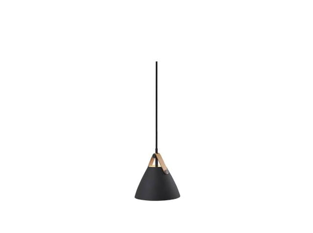 Iron Cone Metal Pendant in timeless black and large leather Ceiling pendant light, compatible with various bulbs, such as incandescent, LED, CFL and halogen bulbs. Ceiling light is hardwired, 1 bulb (bulb not included) 6013 BK