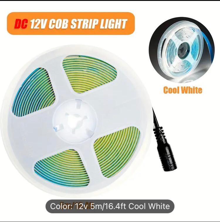 12VDC COOL WHITE 6500K LED COB  STRIP LIGHT IP20 10W/M /5M